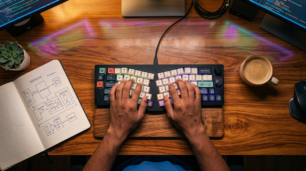 Close-up of developer hands typing on a split mechanical keyboard with glowing terminal reflection on desk surface Close-up of developer hands typing on a split mechanical keyboard with glowing terminal reflection on desk surface