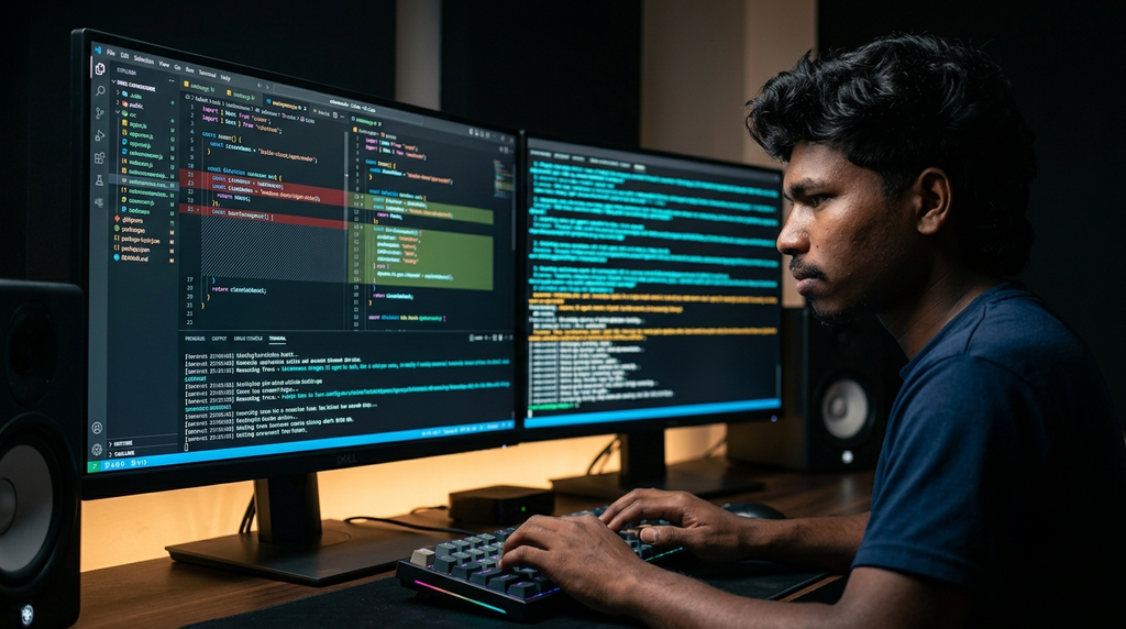 Interactive code editor interface displaying multi-file AI code diffs and terminal build logs on a dark mode screen Interactive code editor interface displaying multi-file AI code diffs and terminal build logs on a dark mode screen