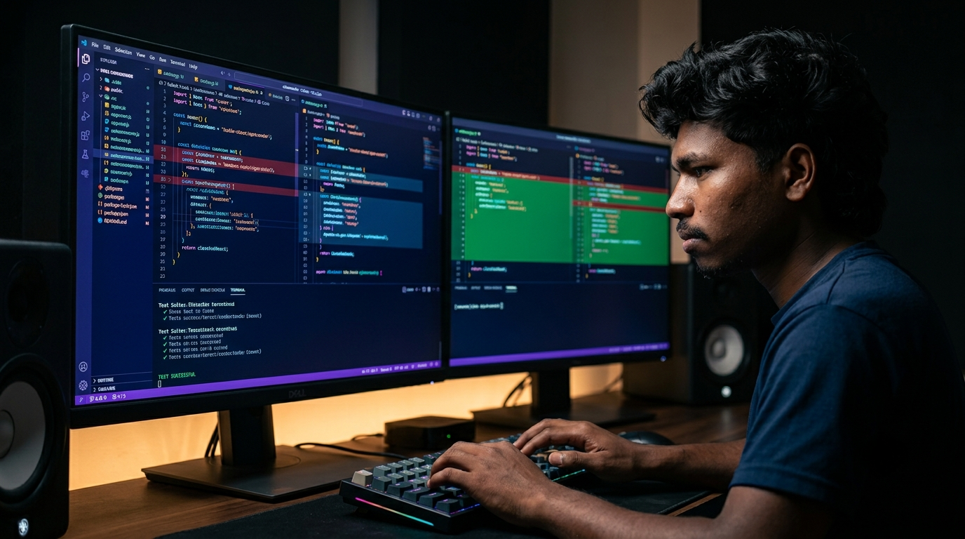 Futuristic software engineering workstation with dual ultrawide monitors displaying autonomous AI coding agents refactoring full-stack source code