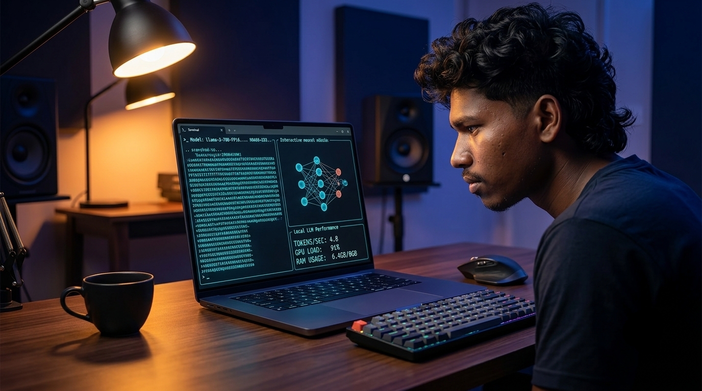 Modern laptop workstation running private local AI neural networks with glowing data streams and terminal code