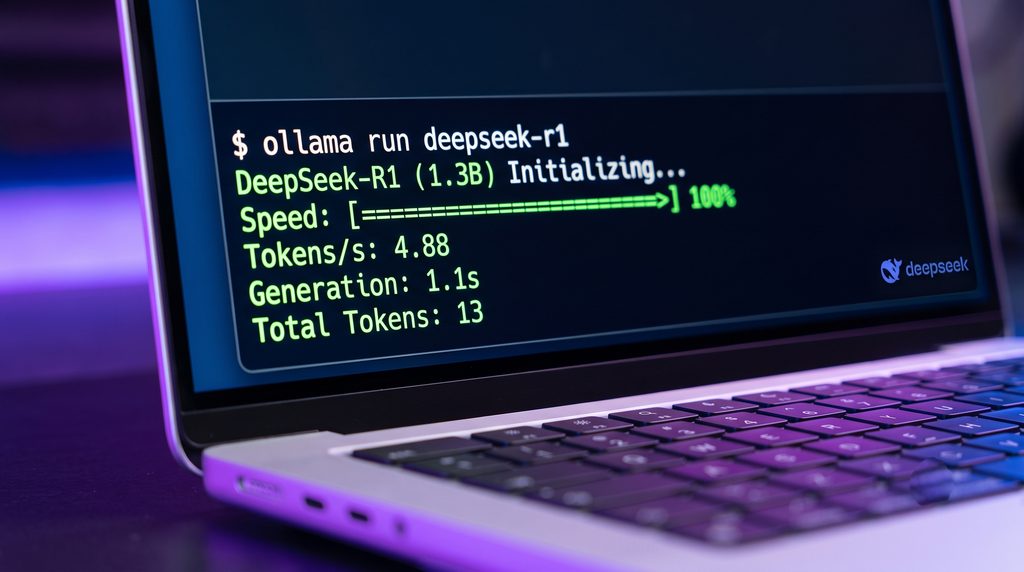  Terminal window showing local AI model downloading and running at high token speed on a laptop