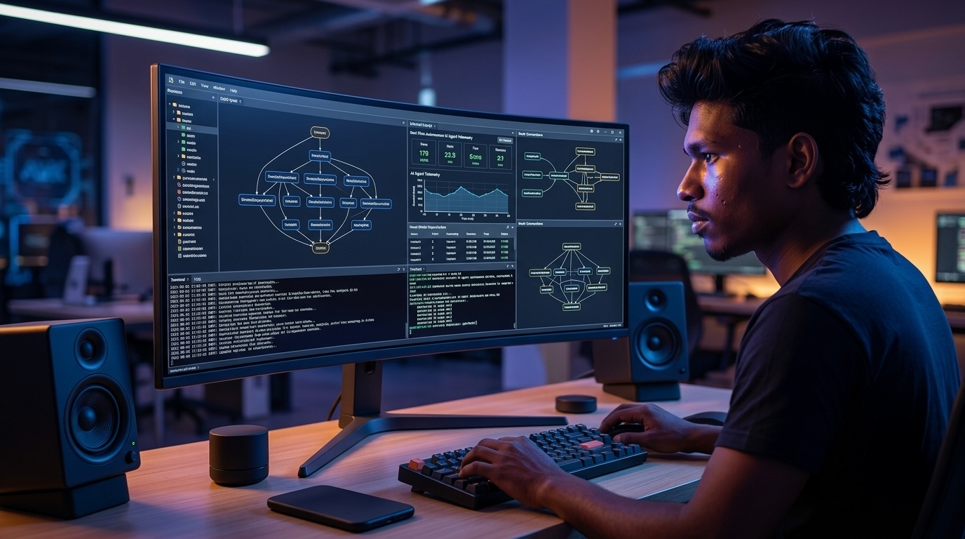 Futuristic digital engineering workstation running autonomous multi-agent AI frameworks with interconnected holographic task graphs