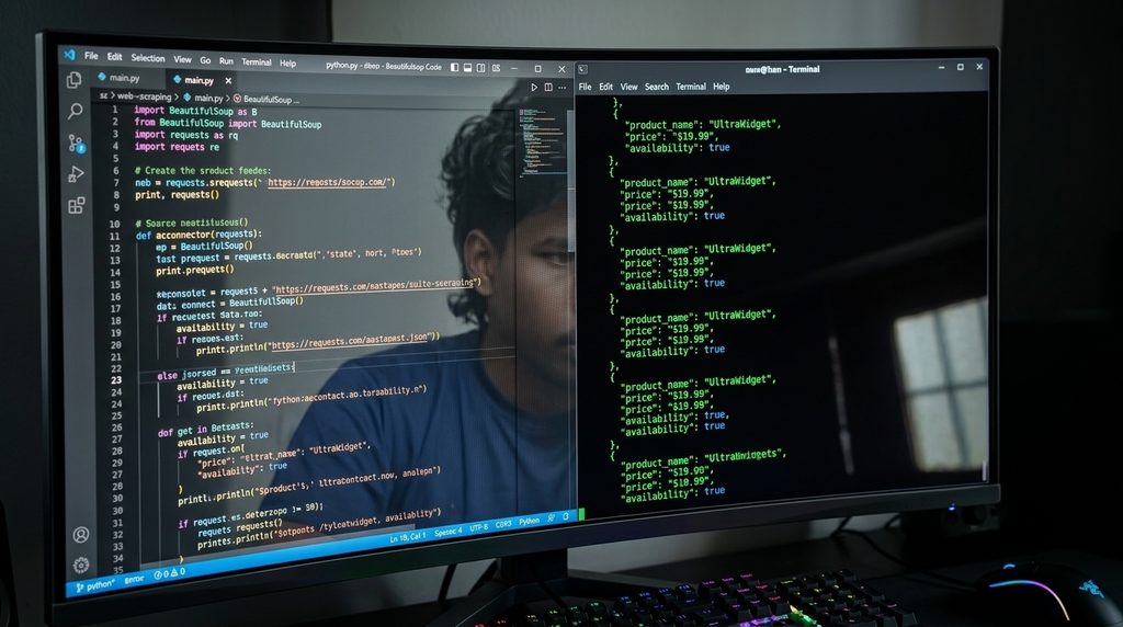 Developer working in terminal interface running automated AI web extraction scripts and inspecting clean JSON datasets