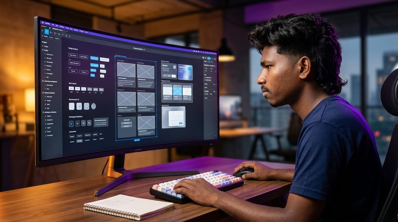 Modern UI UX design studio workspace with glowing interactive mobile app wireframes and responsive web design layouts on curved OLED monitors