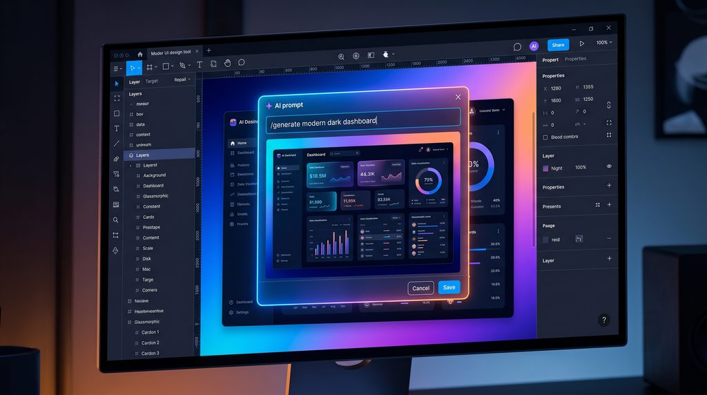 Interactive UI design canvas showing generative AI prompt box constructing a dark mode analytics dashboard with glassmorphism cards