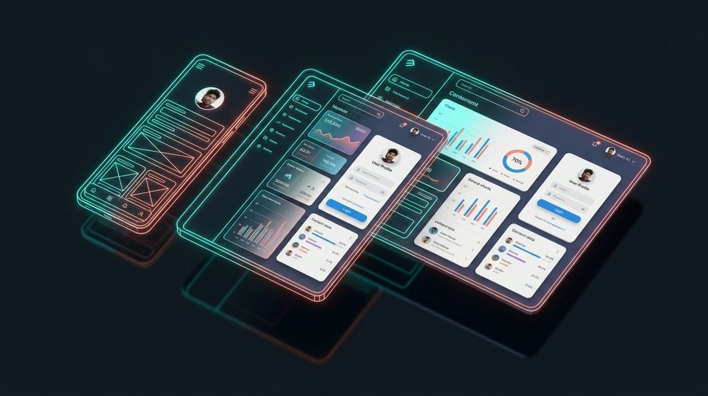 Split screen view of a responsive mobile and desktop user interface transforming in real time from wireframe to finished design
