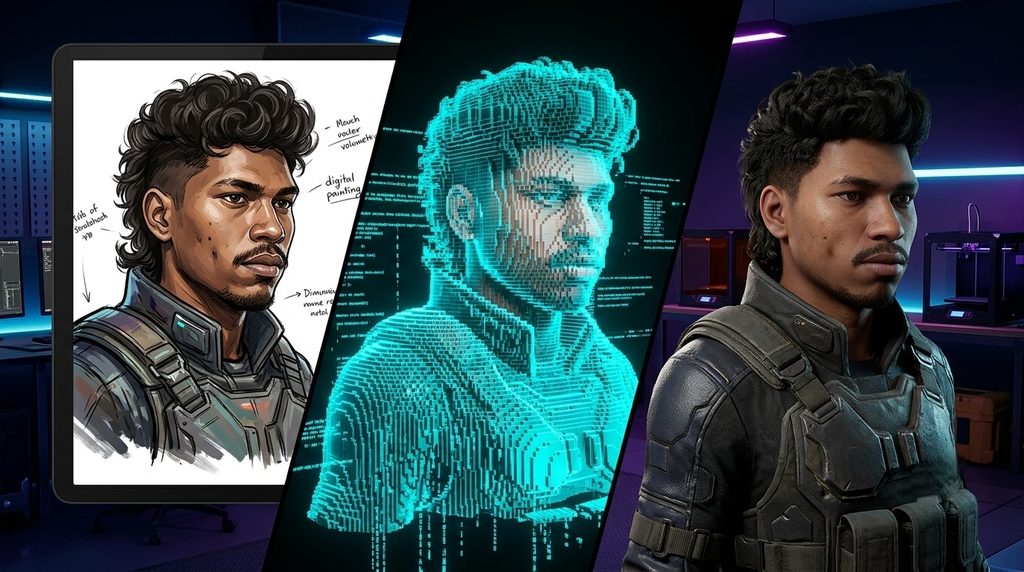 Split screen view showing 2D concept art transforming through neural 3D depth maps into a high polygon textured character mesh Split screen view showing 2D concept art transforming through neural 3D depth maps into a high polygon textured character mesh