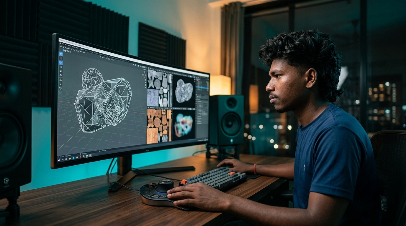 Modern 3D digital creator studio workspace with holographic 3D wireframe models and rendered textured game assets floating above monitors