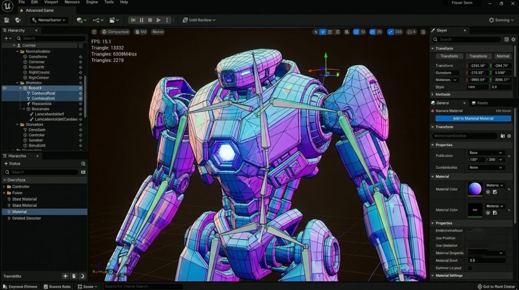 3D game development editor displaying AI generated game assets, PBR material nodes, and skeletal animation timelines 3D game development editor displaying AI generated game assets, PBR material nodes, and skeletal animation timelines