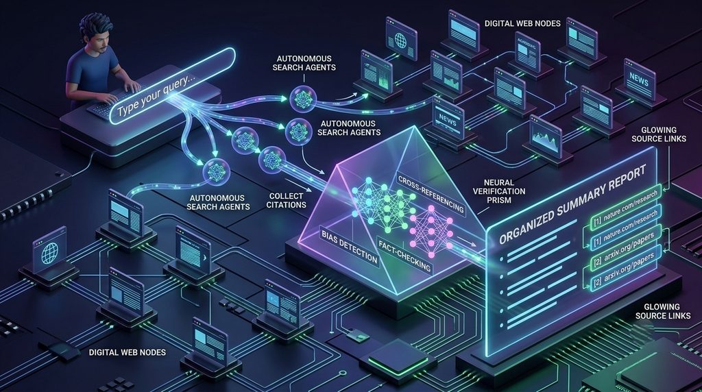 Futuristic digital research workstation with glowing neural knowledge graphs, search engine query streams, and interactive data visualizers Futuristic digital research workstation with glowing neural knowledge graphs, search engine query streams, and interactive data visualizers