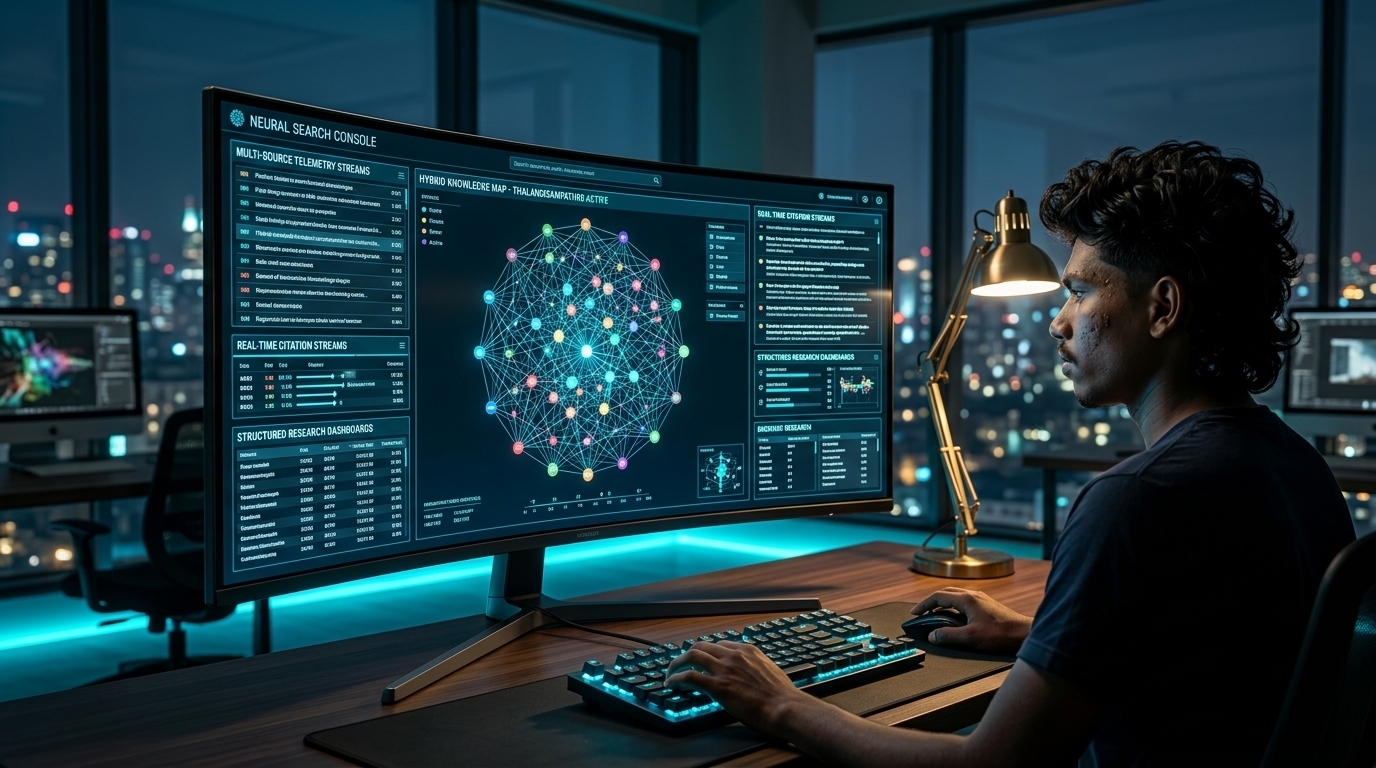 Futuristic digital research workstation with glowing neural knowledge graphs, search engine query streams, and interactive data visualizers