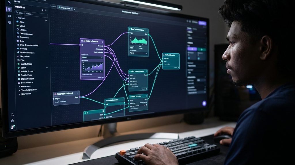 Visual node editor interface showing automated AI agent workflows with connected data paths and execution metrics
