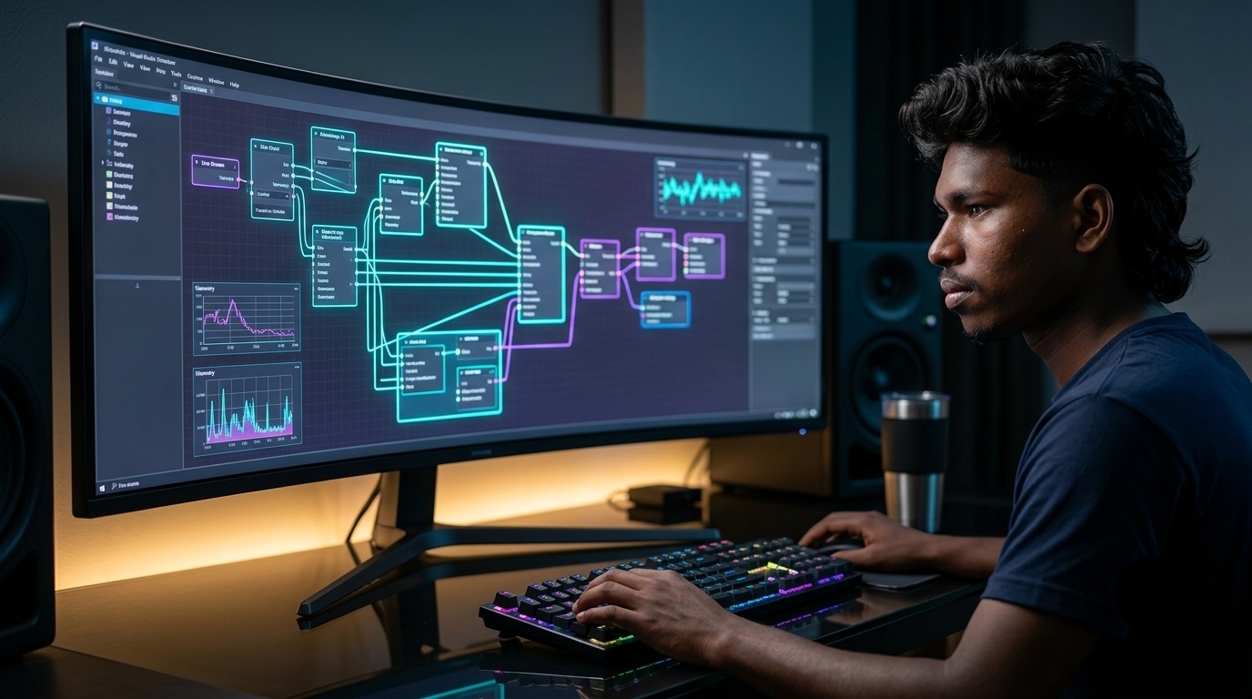 Futuristic digital workspace displaying glowing visual no-code AI workflow nodes connecting multi-agent data pipelines