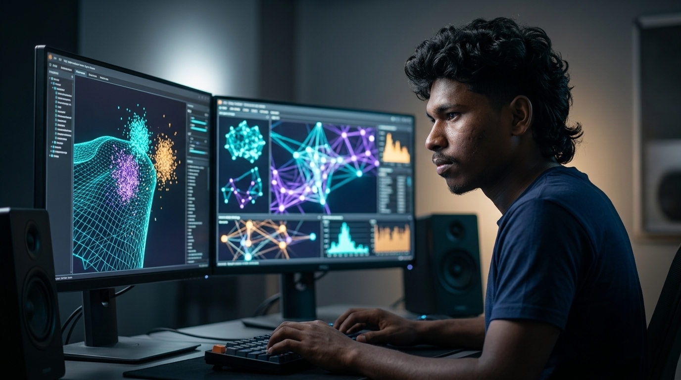 Futuristic digital engineering workstation displaying high-dimensional vector embeddings and neural graph index nodes in glowing neon cyan and amber