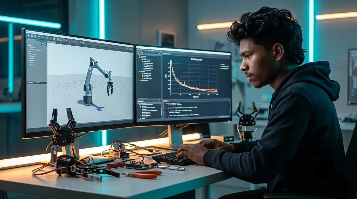 Futuristic software engineering workstation with dual monitors displaying humanoid robot simulation and neural policy training code