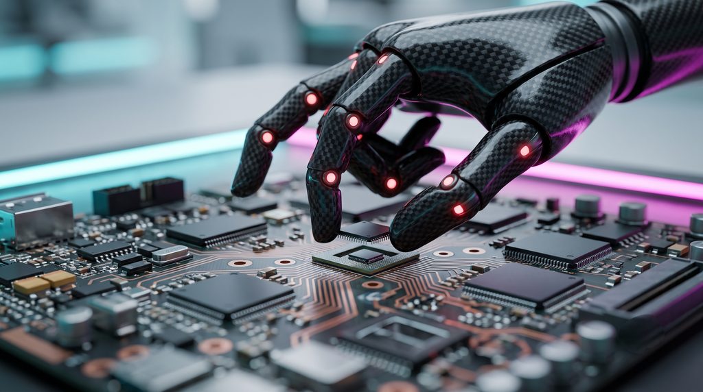 Close up shot of an intelligent robotic hand with delicate sensor fingertips manipulating a small electronic component