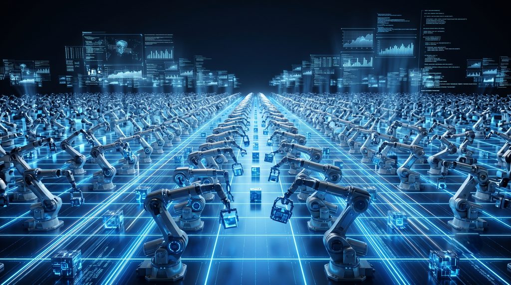 3D computer graphics visualization showing thousands of simulated robotic arms learning assembly tasks in parallel