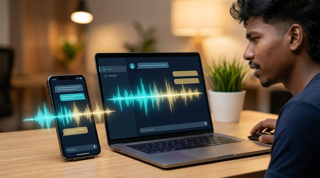 Modern mobile smartphone and desktop workstation running a full-duplex conversational voice AI agent with live transcription bubbles Modern mobile smartphone and desktop workstation running a full-duplex conversational voice AI agent with live transcription bubbles