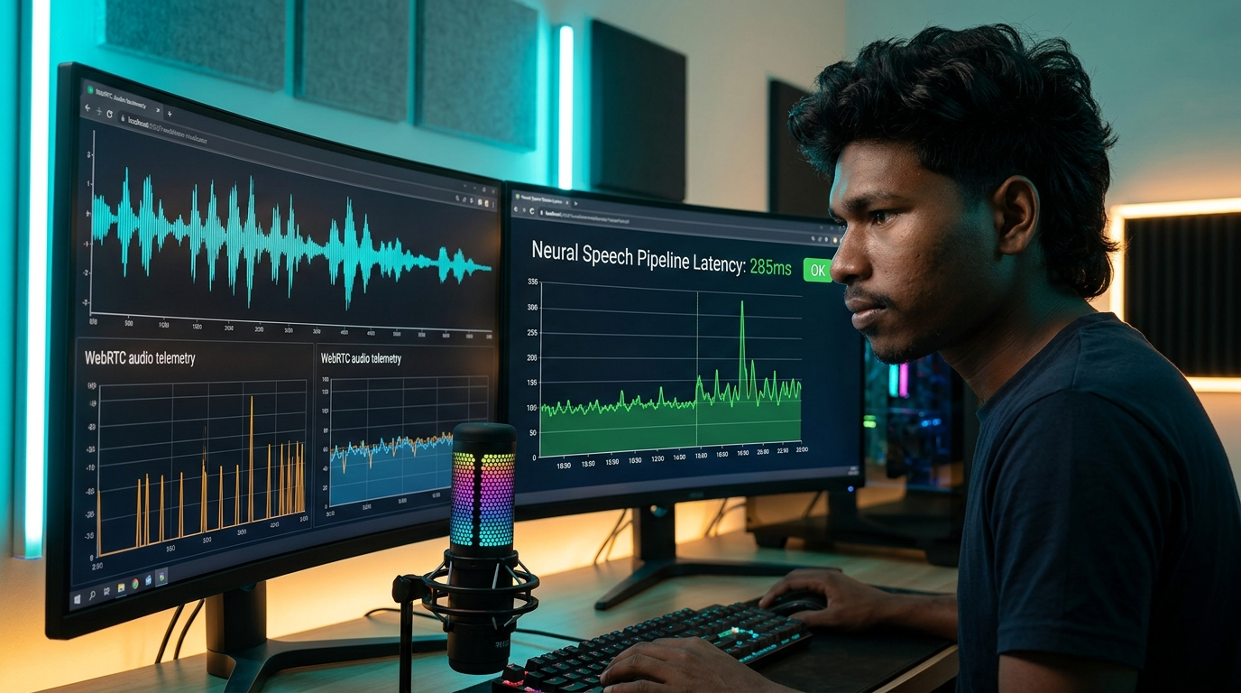 Futuristic software engineering studio with dual monitors displaying real-time voice AI waveform telemetry and neural speech-to-speech latency graphs