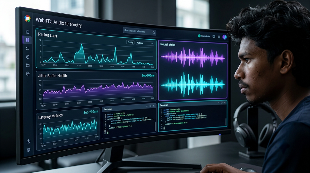 High-tech software developer dashboard showing live WebRTC voice streaming metrics, packet latency graphs, and neural audio waveforms High-tech software developer dashboard showing live WebRTC voice streaming metrics, packet latency graphs, and neural audio waveforms