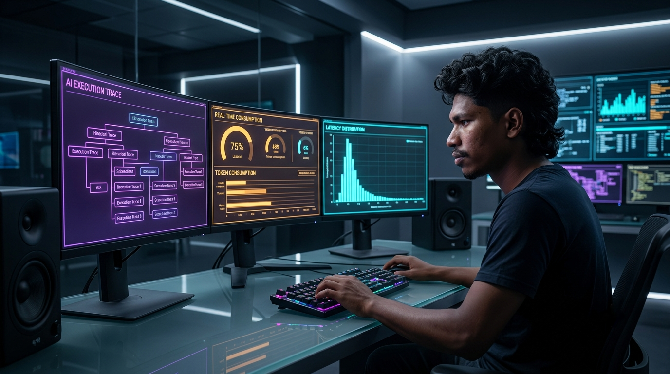 Futuristic software engineering control center with ultrawide monitors displaying real-time AI agent trace trees and LLM token cost telemetry