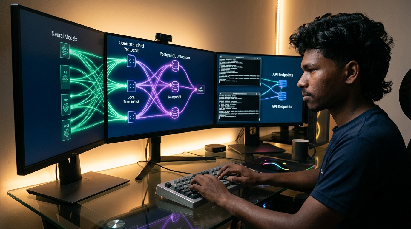 "Modern software engineer building Model Context Protocol servers connecting language models to real-time databases and developer tools on ultrawide monitors