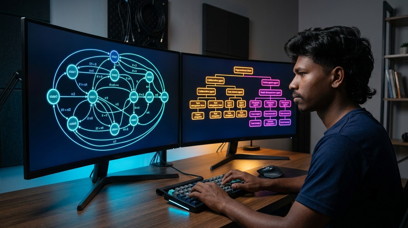 Futuristic software engineering studio with dual screens comparing LangGraph state machines and CrewAI collaborative agent hierarchies