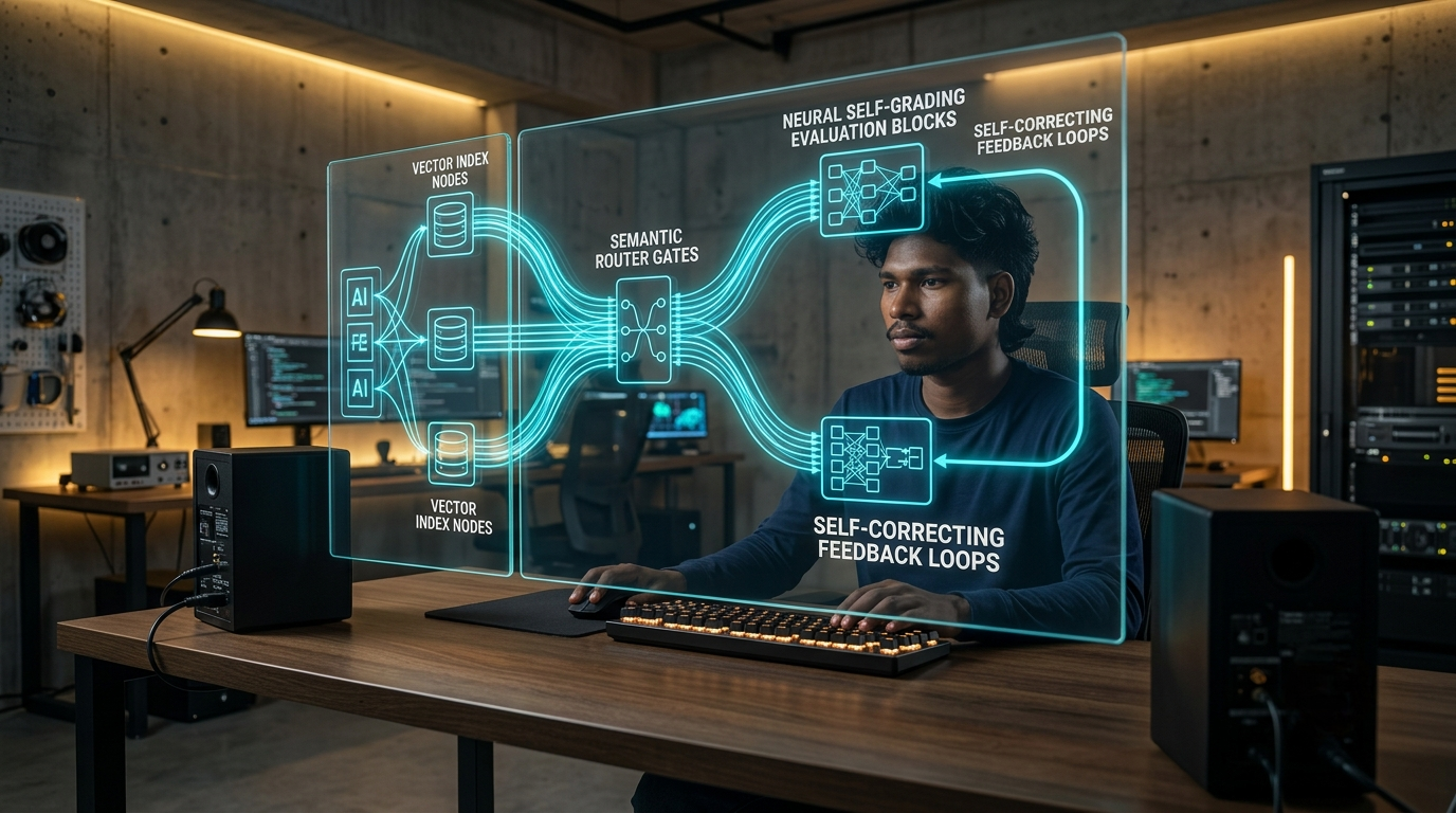 Futuristic software architecture diagram on curved glass displays showing an autonomous Agentic RAG retrieval pipeline with self-correcting neural feedback loops