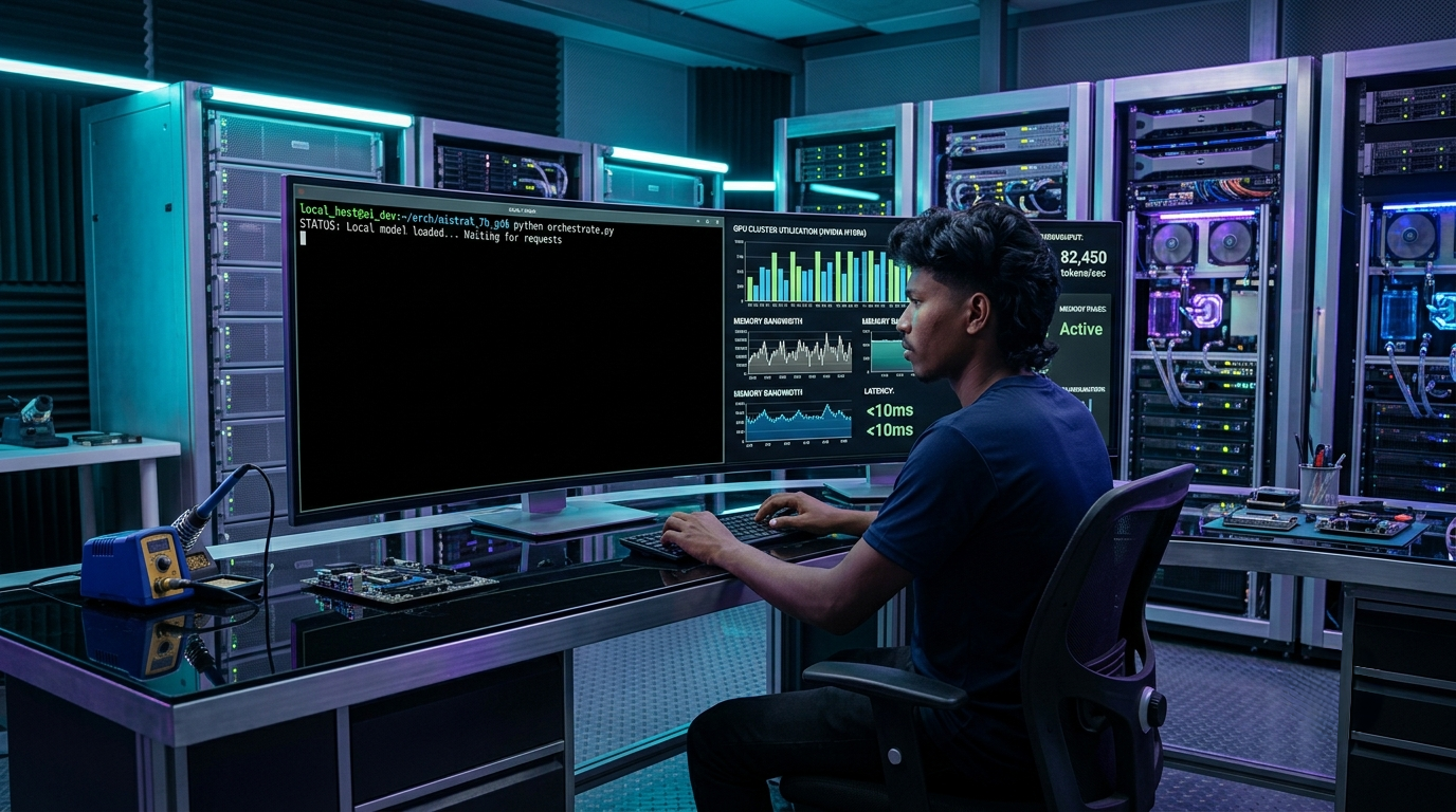 "Dual split-screen 3D data visualization contrasting lightweight containerized Ollama engine with high-throughput distributed vLLM server cluster