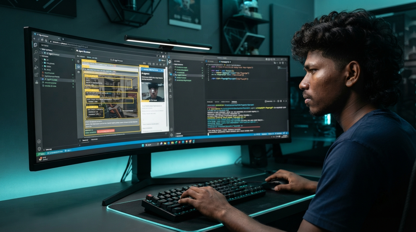 Engineering workstation with dual monitors showcasing an autonomous browser agent navigating a dynamic web interface using Playwright and vision-language models