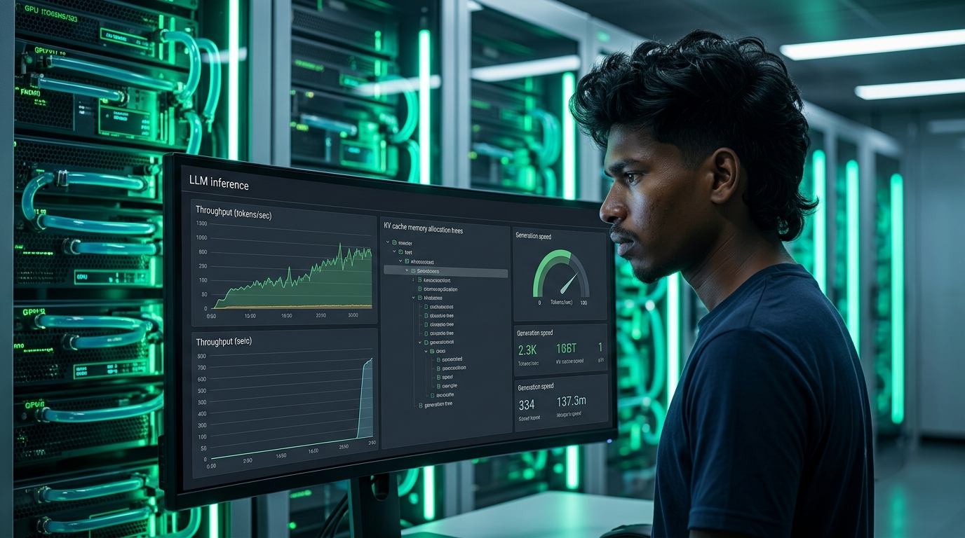 Modern enterprise GPU data center visualizing real-time LLM inference serving throughput comparing SGLang and vLLM architectures