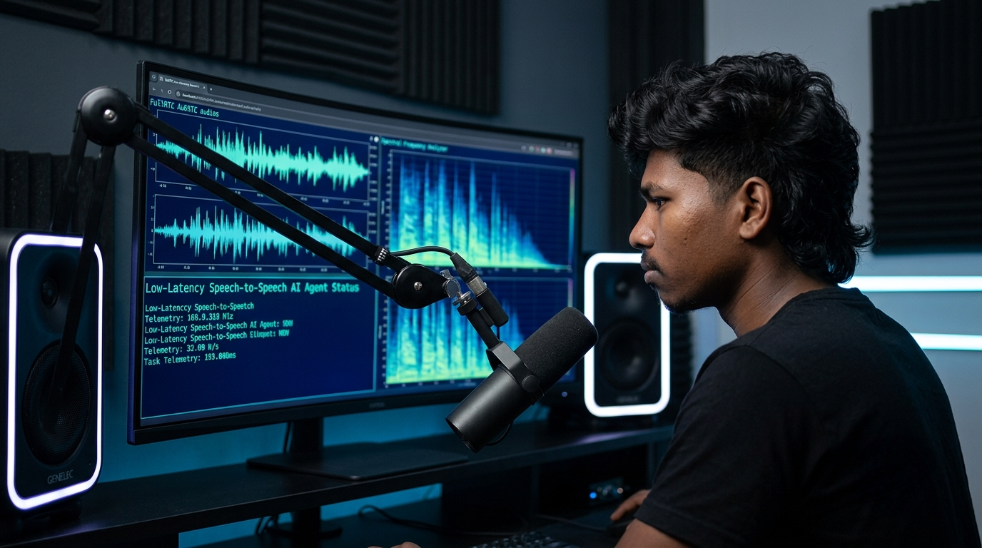Modern audio engineering workstation displaying real-time WebRTC audio streaming telemetry for an autonomous voice AI agent