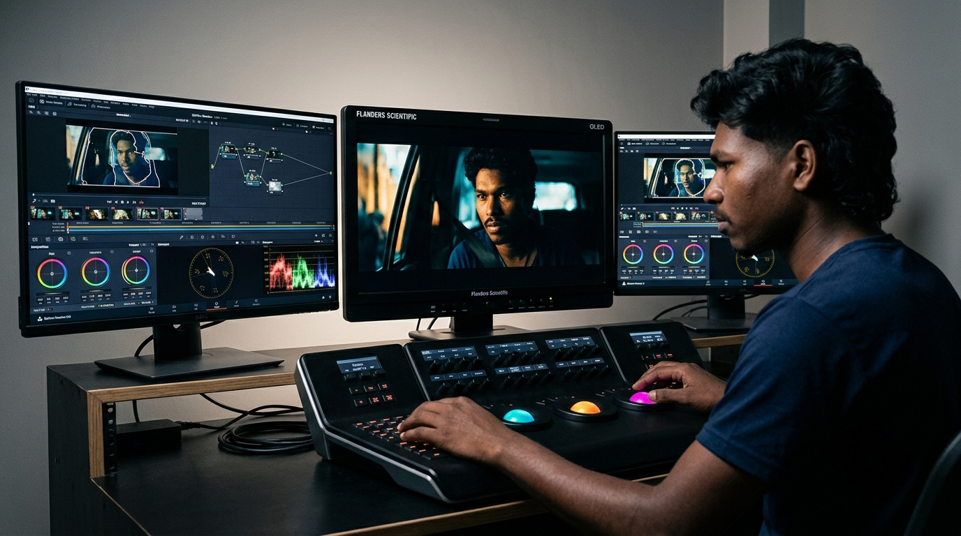 Professional colorist suite with DaVinci Resolve control surface and calibrated OLED reference monitor displaying an AI node tree workflow