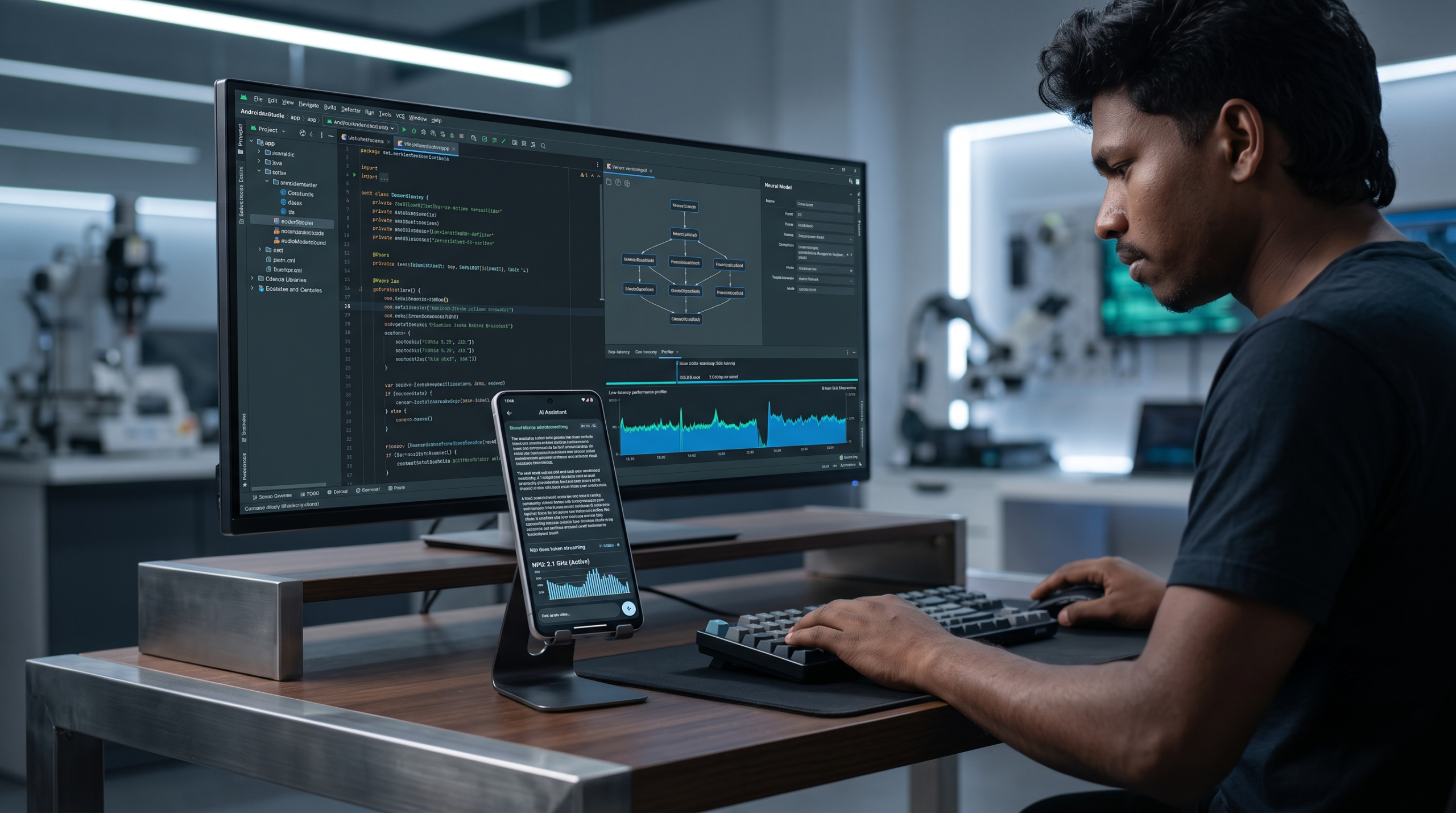 Android mobile development workstation showcasing an on-device AI application executing local inference on a smartphone