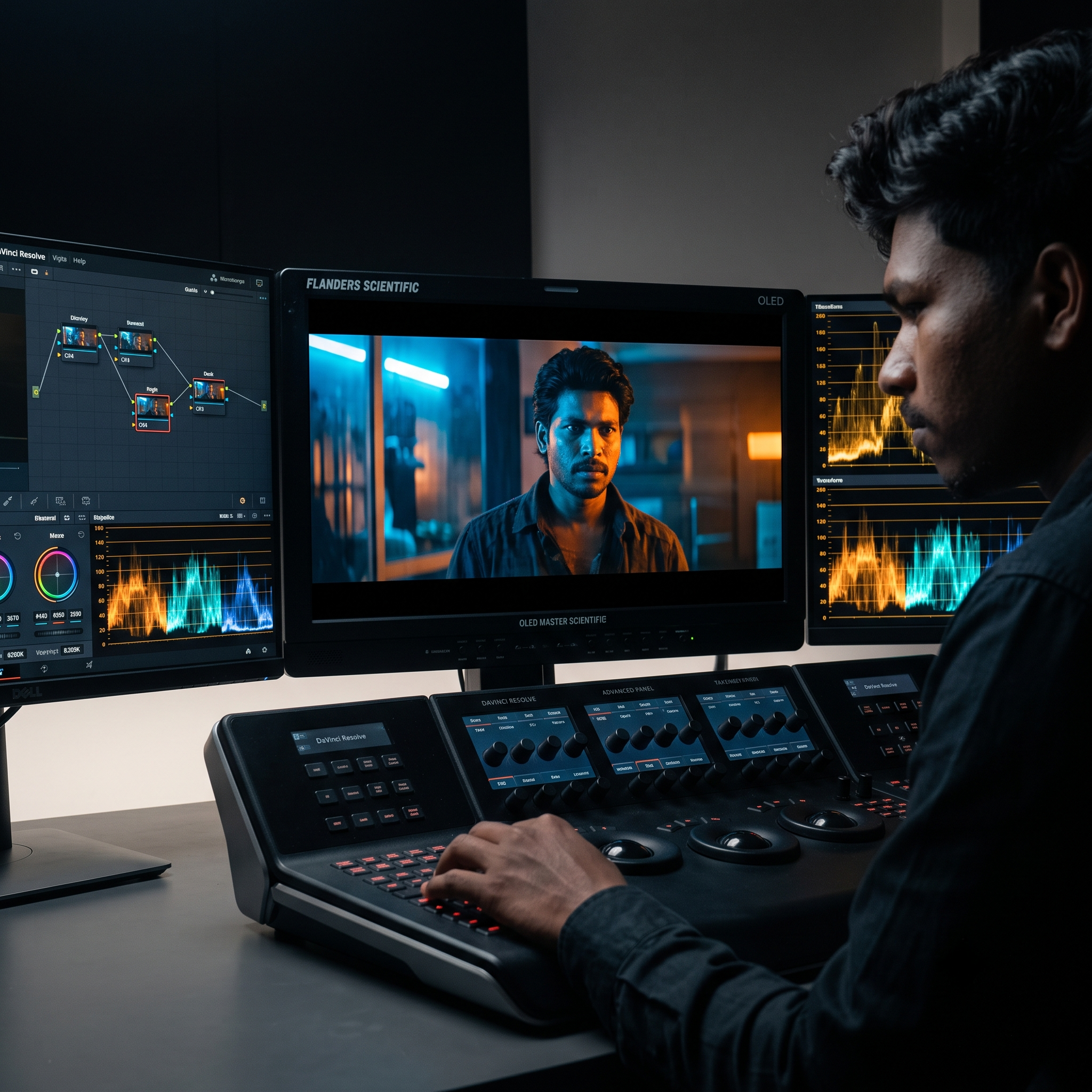 Professional color grading suite with DaVinci Resolve Studio control panel, reference OLED monitor, and neural node tree
