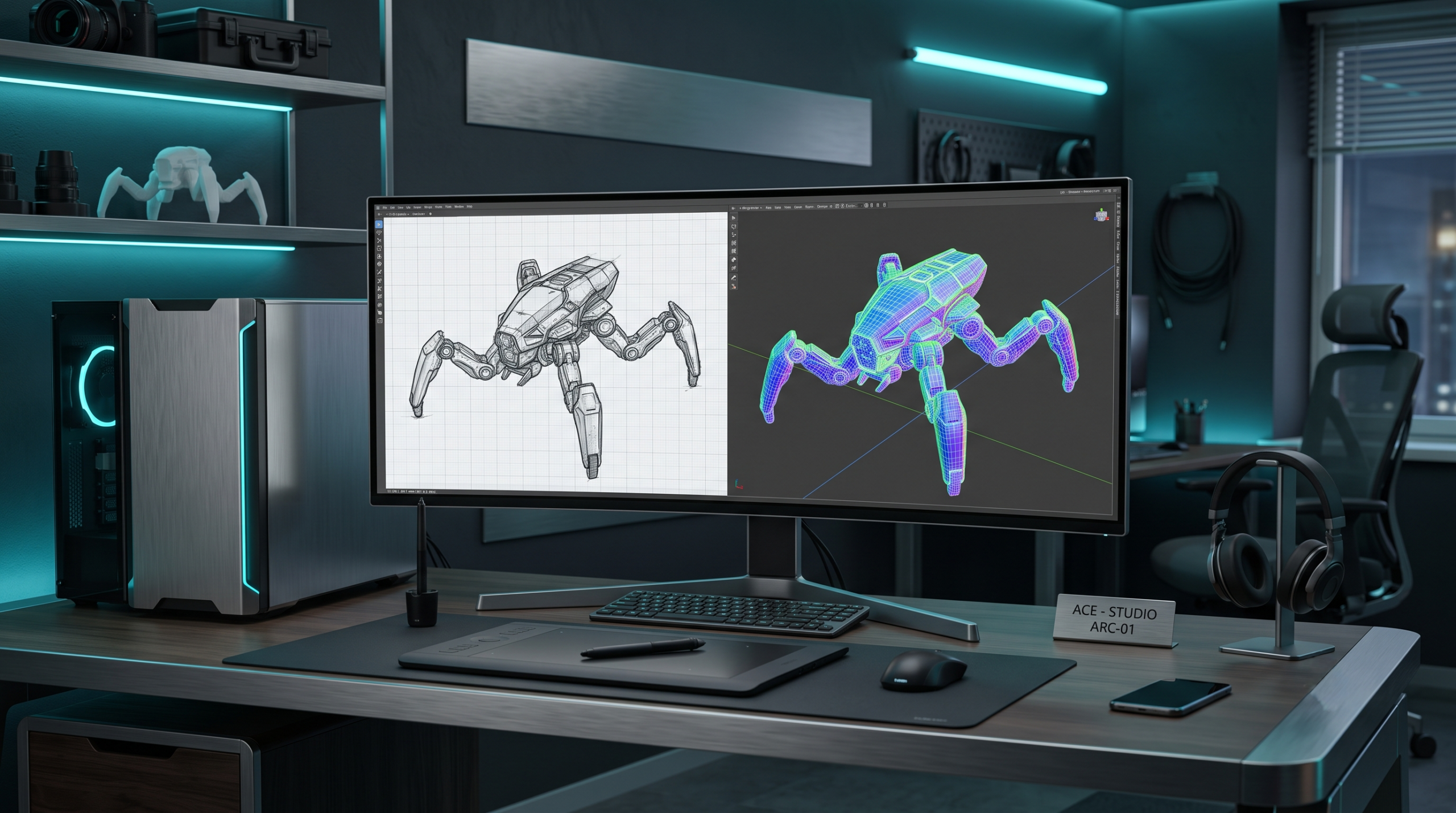 Digital 3D creation workstation transforming a 2D concept image into an optimized textured 3D mesh with wireframe overlay.