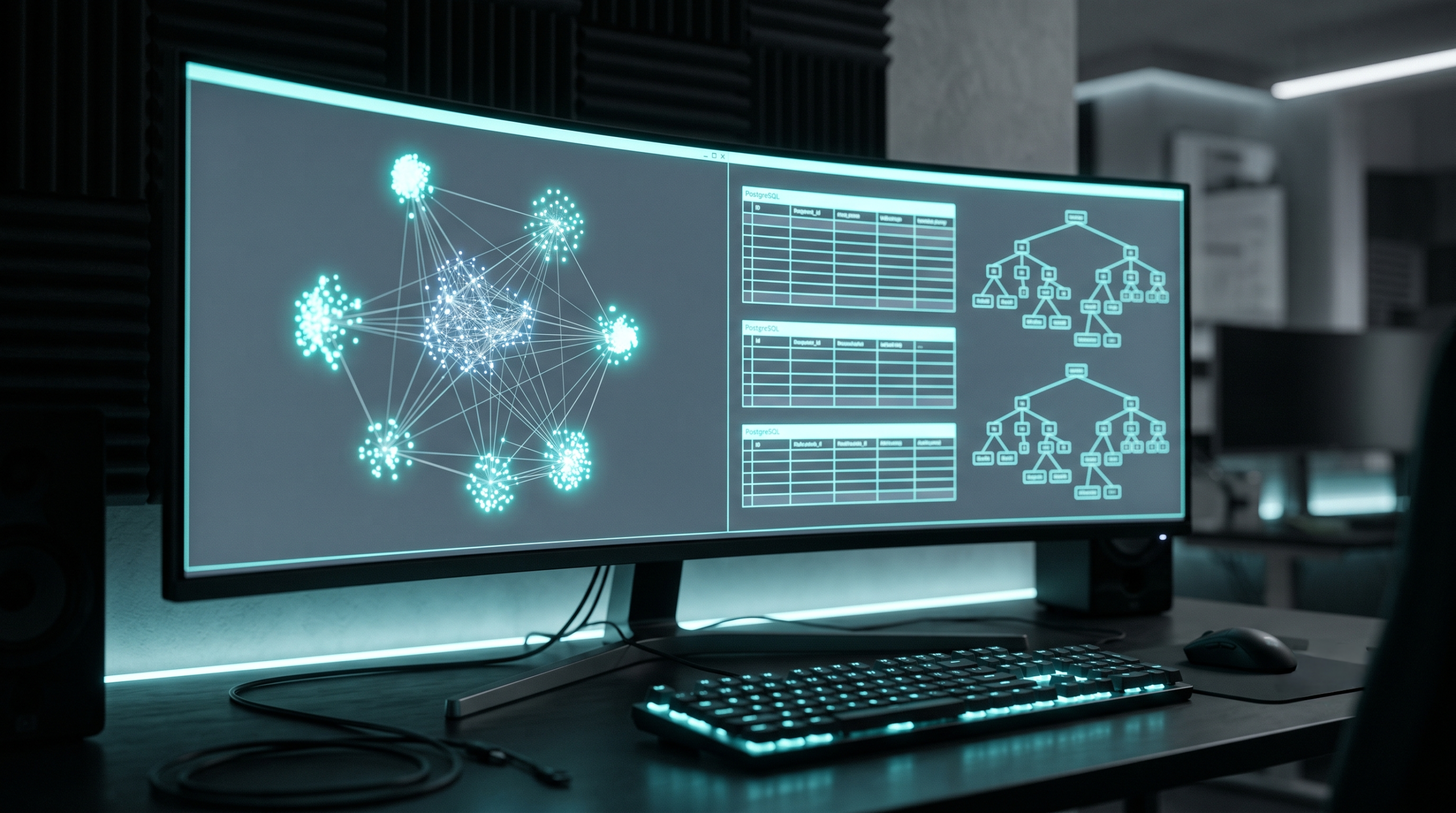 Enterprise database developer workstation visualizing PostgreSQL pgvector hybrid search and high-dimensional vector clusters.