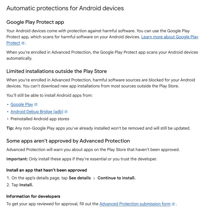 Google Account Help page Use Advanced Protection with Android devices showing limited installations outside the Play Store