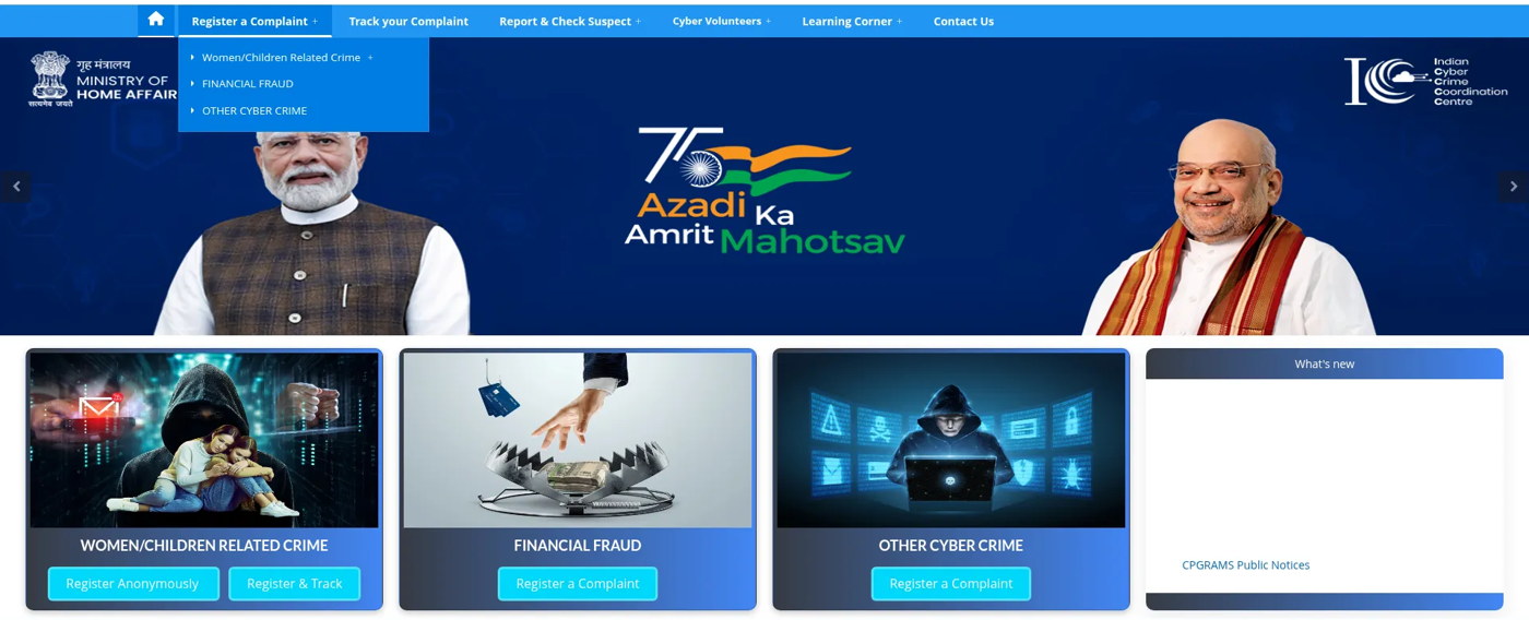 National Cyber Crime Reporting Portal home page with the Register a Complaint menu open showing the Financial Fraud option