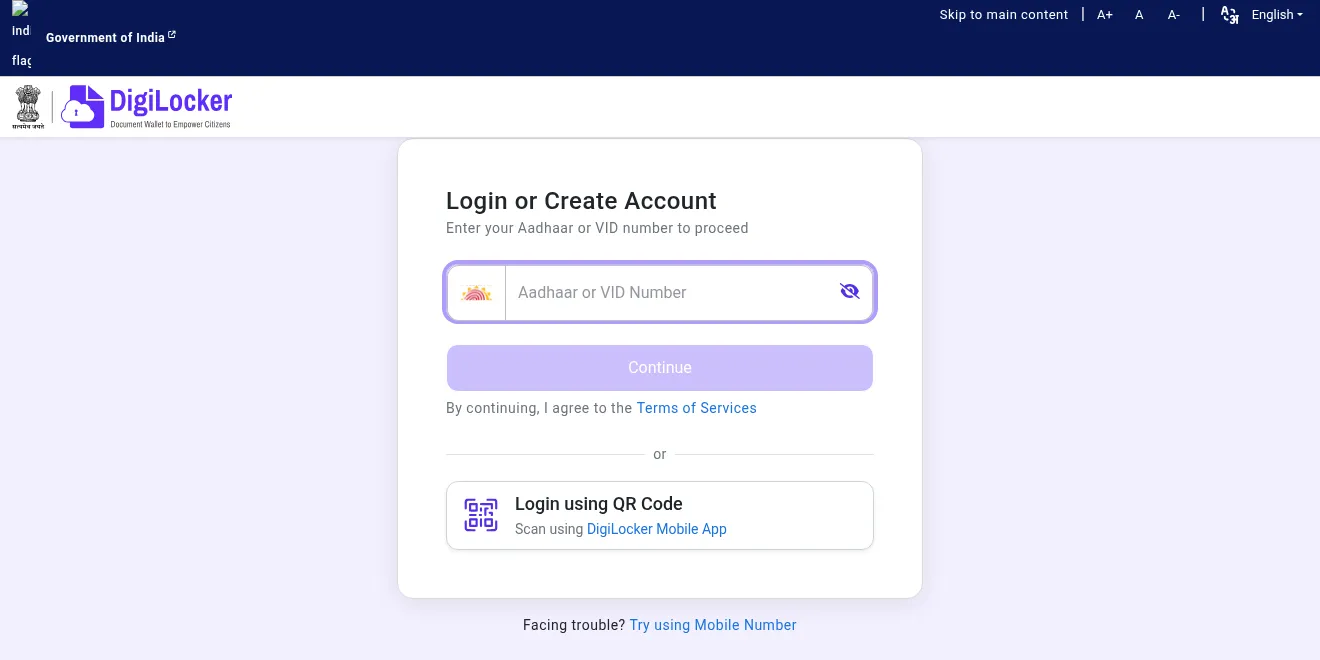 DigiLocker Login or Create Account page asking for Aadhaar or VID number