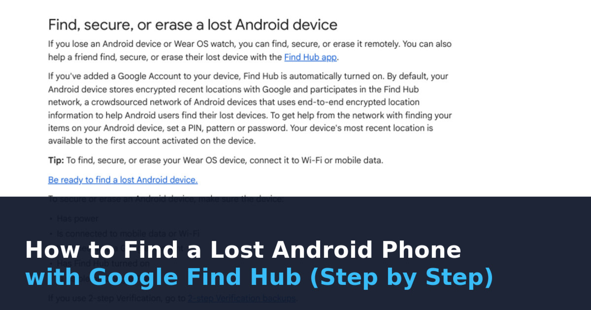 Google Find Hub help page with the title How to Find a Lost Android Phone
