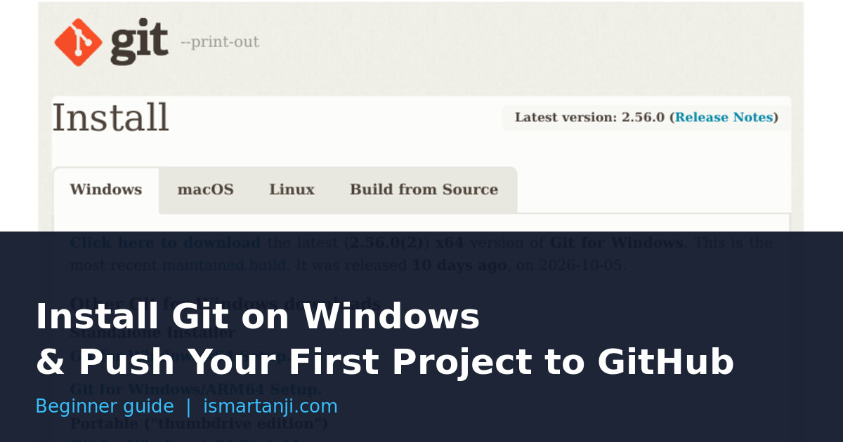 Install Git on Windows and push your first project to GitHub - featured image with the official Git for Windows download page