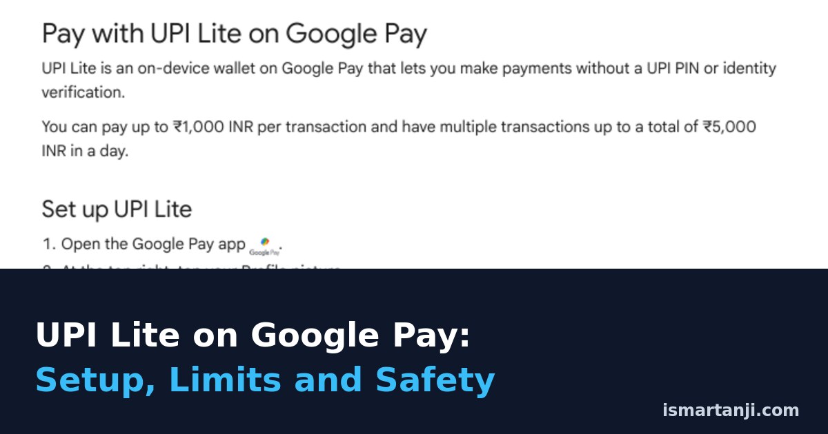 UPI Lite on Google Pay: Setup, Limits and Safety guide cover with a screenshot of the official Google Pay Help page