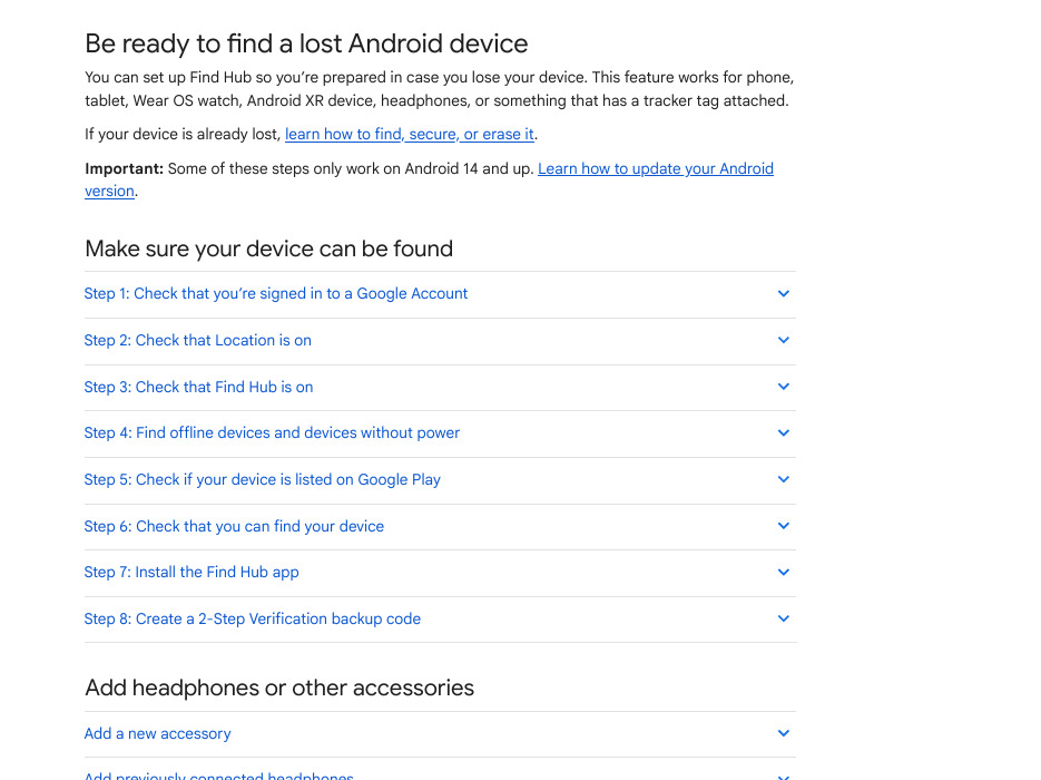 Google Android Help page Be ready to find a lost Android device with its 8 setup steps
