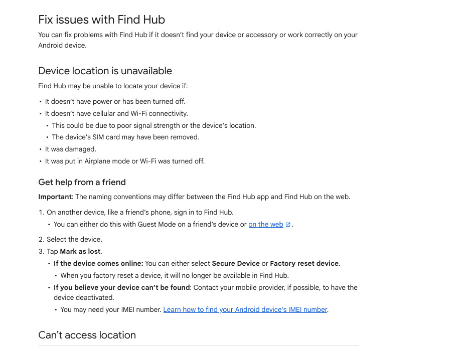 Google Android Help page Fix issues with Find Hub