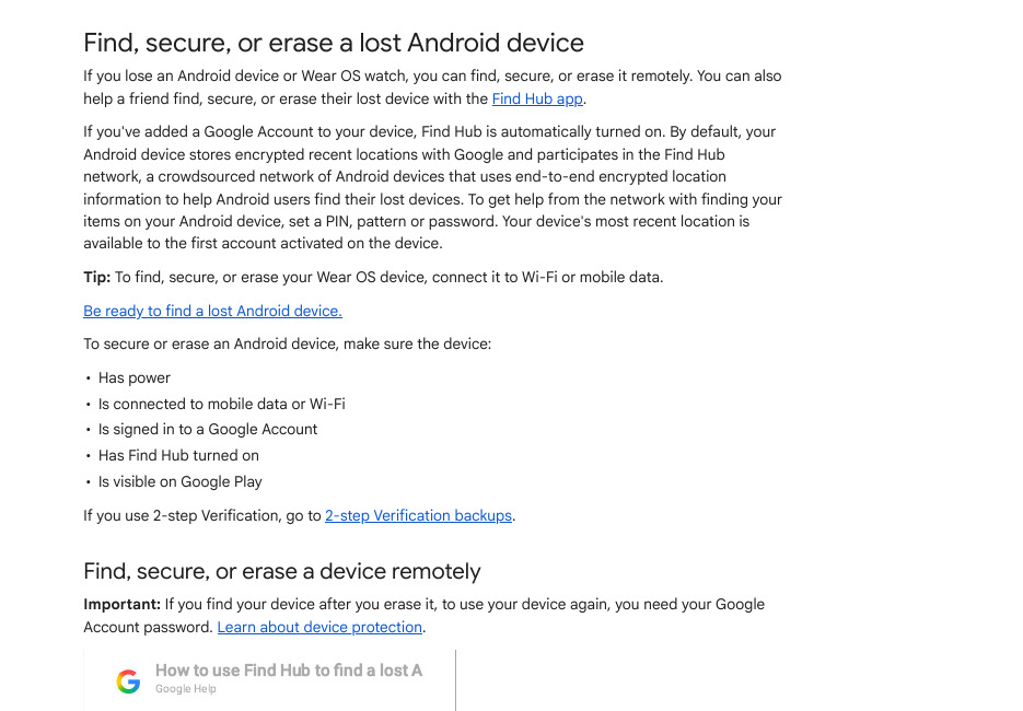 Google Android Help page Find, secure, or erase a lost Android device
