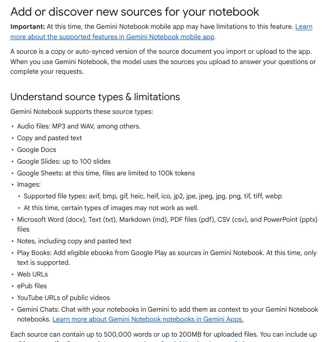 Google Help page Add or discover new sources for your notebook showing supported source types and limits