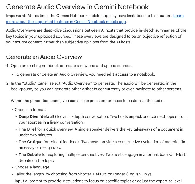 Google Help page Generate Audio Overview in Gemini Notebook with the four formats