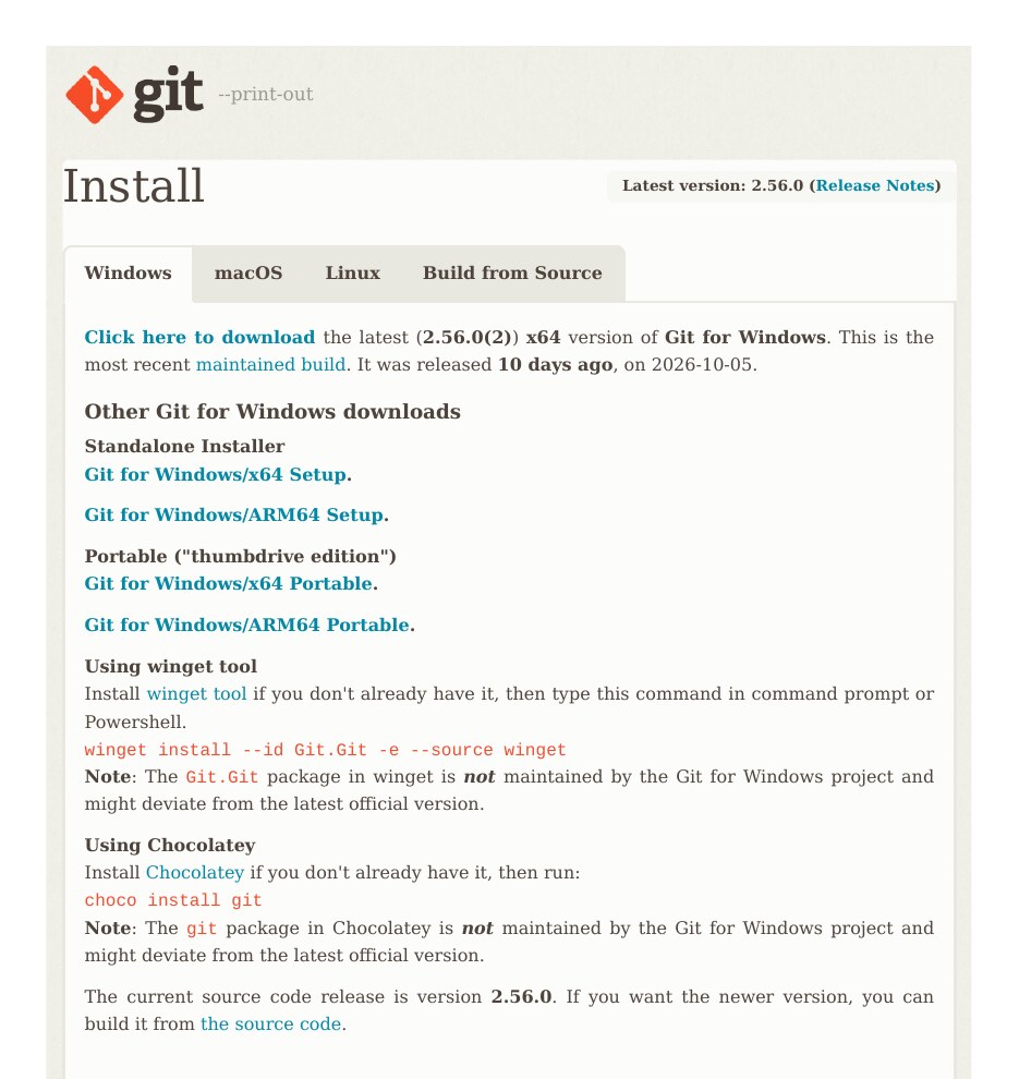 Official git-scm.com Install page for Windows showing the Click here to download link for Git for Windows 2.56.0(2) x64