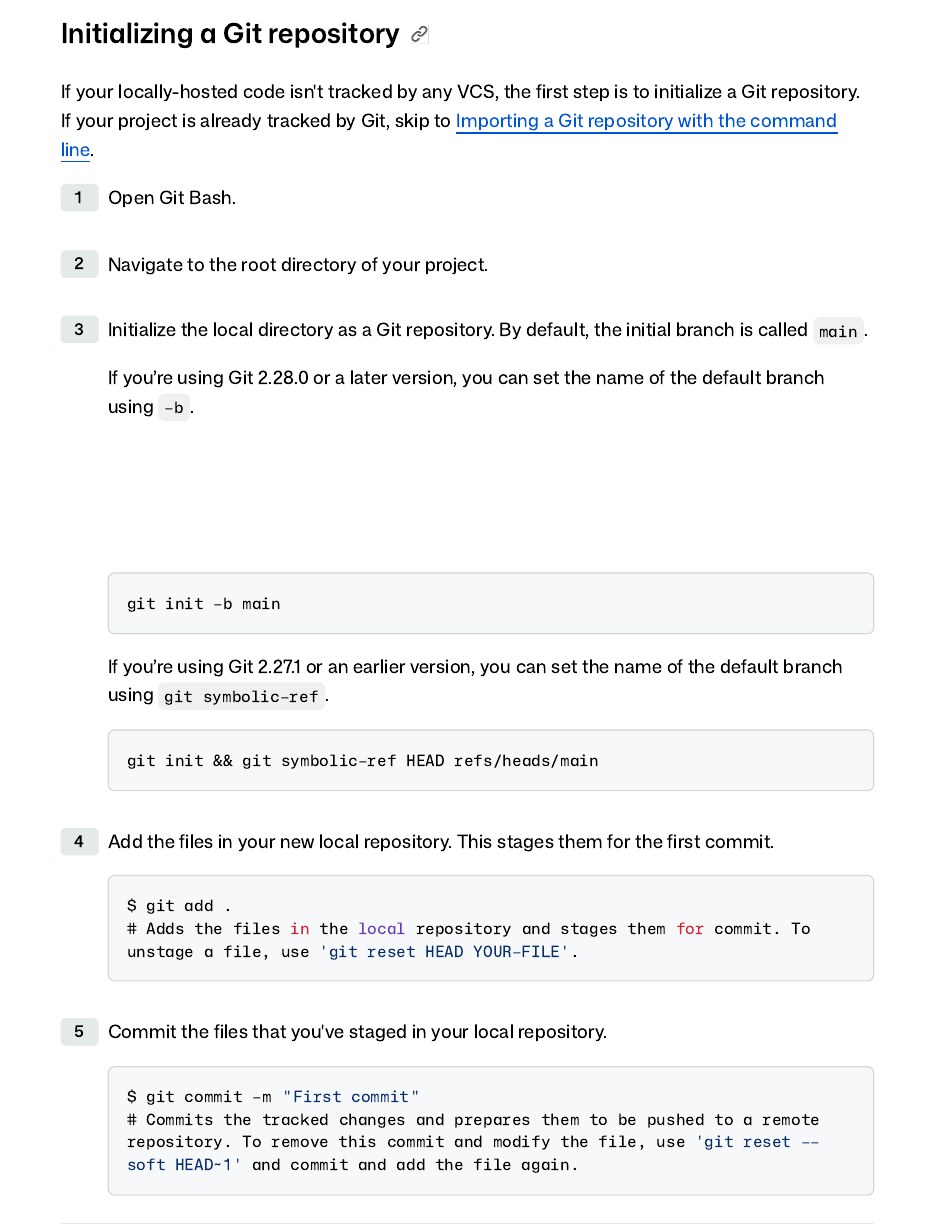 GitHub Docs Initializing a Git repository steps showing git init -b main, git add and git commit commands